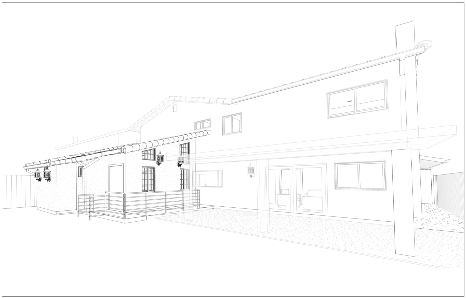 Line-drawn perspective render of a single-family residence with a proposed room addition
