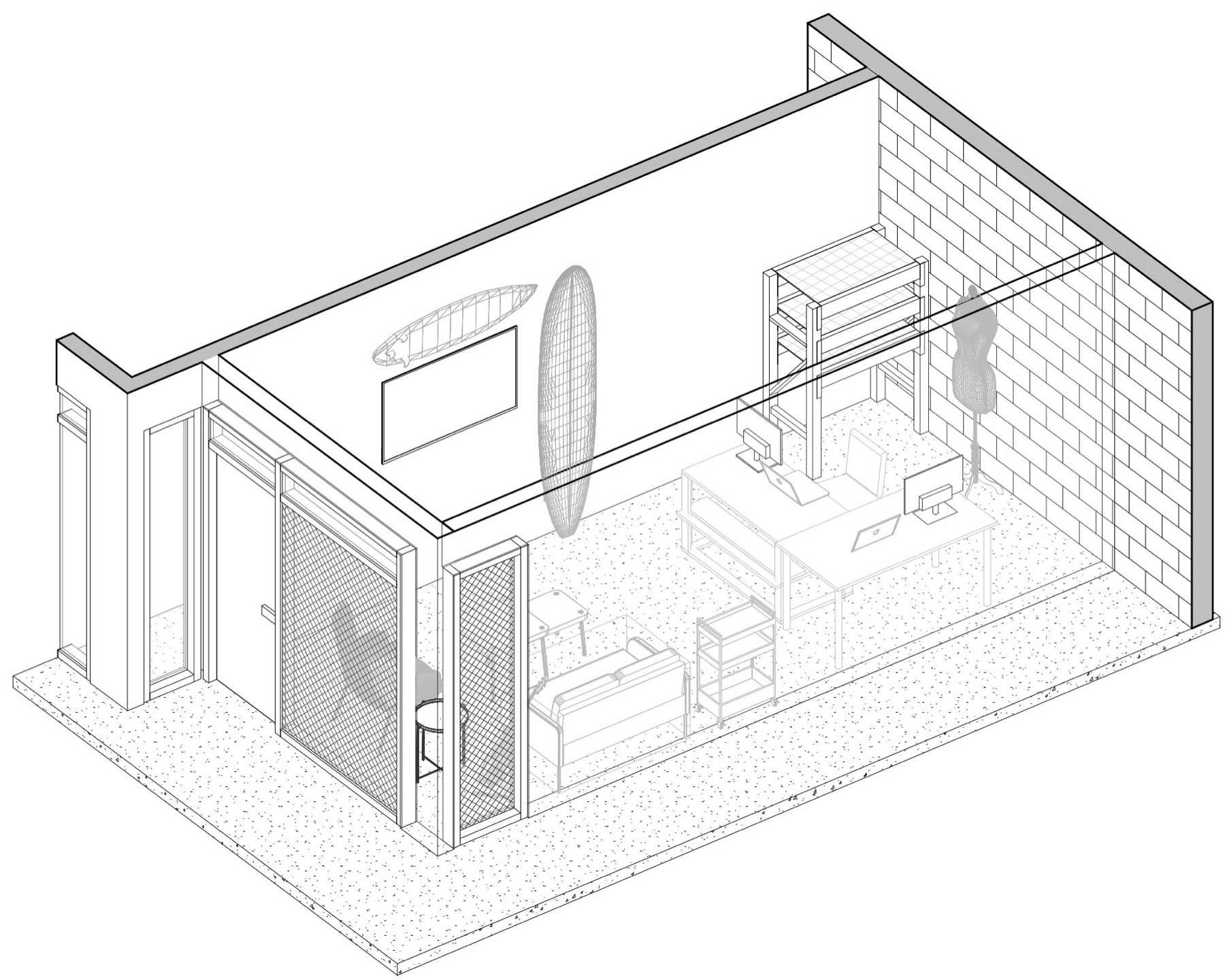Axonometric line drawing of the GJR A+F studio, showing drafting tables, a dress form, and material shelves